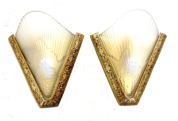 Antique French Art Deco Style Brass & Glass Wall Lights, 1920s, Set of 2-WZZ-1183066