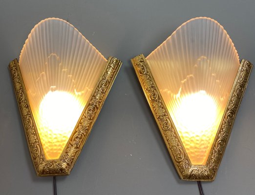 Antique French Art Deco Style Brass & Glass Wall Lights, 1920s, Set of 2-WZZ-1183066