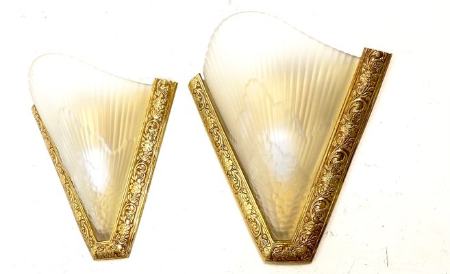 Antique French Art Deco Style Brass & Glass Wall Lights, 1920s, Set of 2-WZZ-1183066