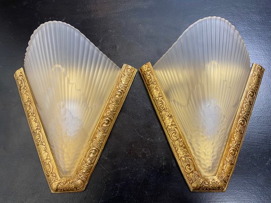 Antique French Art Deco Style Brass & Glass Wall Lights, 1920s, Set of 2-WZZ-1183066