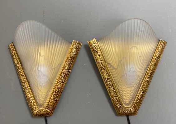 Antique French Art Deco Style Brass & Glass Wall Lights, 1920s, Set of 2-WZZ-1183066