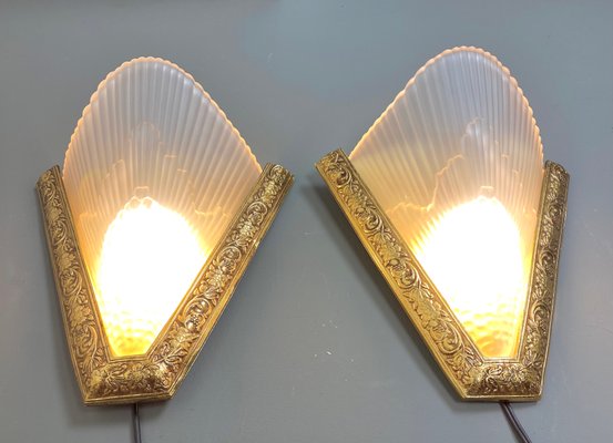 Antique French Art Deco Style Brass & Glass Wall Lights, 1920s, Set of 2-WZZ-1183066