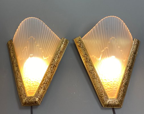 Antique French Art Deco Style Brass & Glass Wall Lights, 1920s, Set of 2-WZZ-1183066