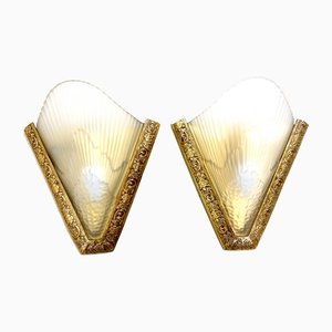 Antique French Art Deco Style Brass & Glass Wall Lights, 1920s, Set of 2-WZZ-1183066