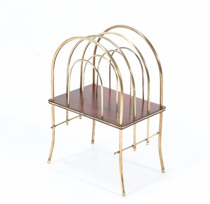 Antique French Art Nouveau Brass & Mahogany Magazine Rack, 1900s-MY-869090