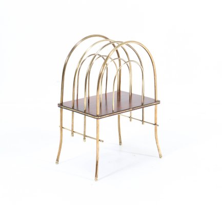 Antique French Art Nouveau Brass & Mahogany Magazine Rack, 1900s-MY-869090