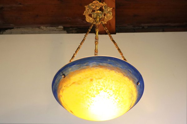 Antique French Art Nouveau Bronze Hanging Light from Verrerie Dart Degué, 1920-WIP-2041862