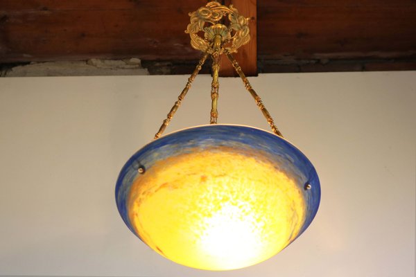 Antique French Art Nouveau Bronze Hanging Light from Verrerie Dart Degué, 1920-WIP-2041862