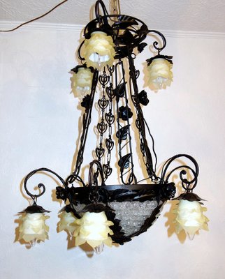 Antique French Black Patinated Metal and Glass Chandelier, 1940s-NGU-1777119