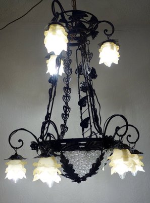 Antique French Black Patinated Metal and Glass Chandelier, 1940s-NGU-1777119