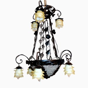 Antique French Black Patinated Metal and Glass Chandelier, 1940s-NGU-1777119