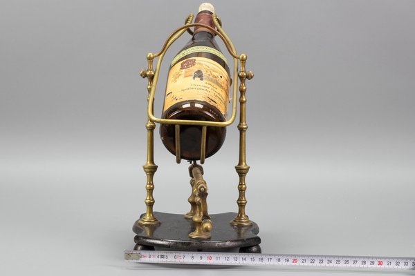 Antique French Brass Bottle Holder with Wood Stand-KEG-1176005