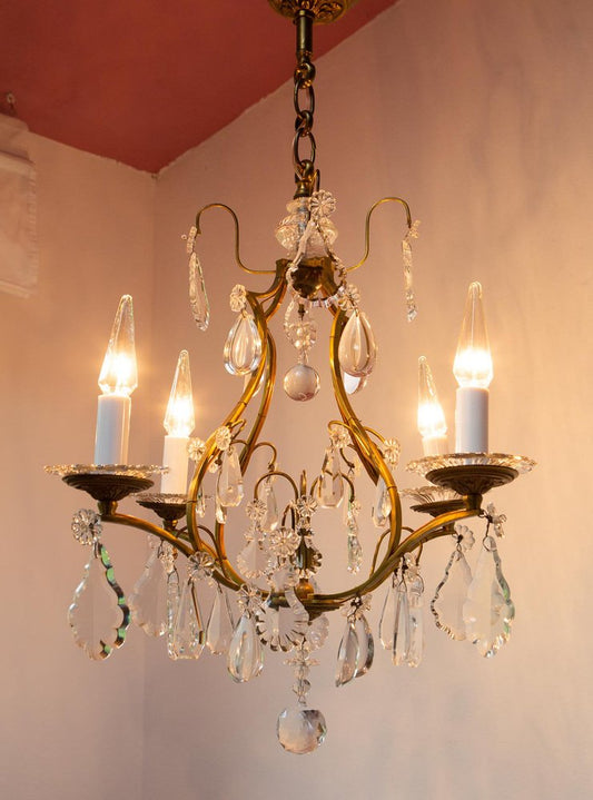 Antique French Brass Chandelier with Crystals, 1940