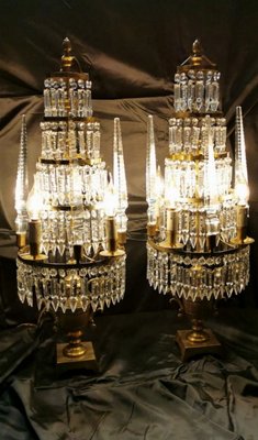 Antique French Bronze and Lead Crystal Girandoles Table Lamps, Set of 2-QRS-572355