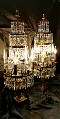 Antique French Bronze and Lead Crystal Girandoles Table Lamps, Set of 2-QRS-572355