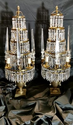 Antique French Bronze and Lead Crystal Girandoles Table Lamps, Set of 2-QRS-572355