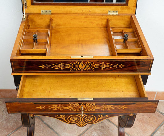 Antique French Charles X Work Table in Fine Exotic Wood with Maple Inlay Inserts, Early 19th Century