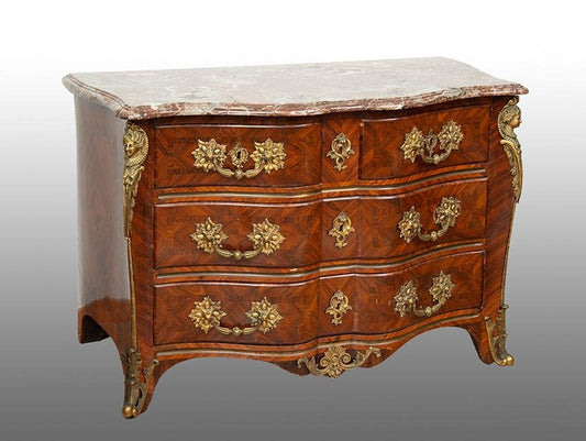 Antique French Chest of Drawers in Precious Exotic Wood with Red Marble Top