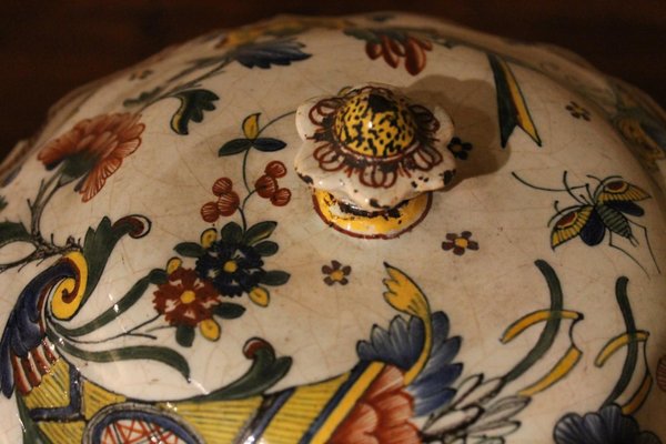 Antique French Faience Lidded Bowl Tureen Hand Painted with Flowers and Insects-AXE-1433368