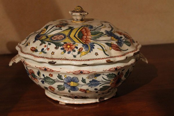 Antique French Faience Lidded Bowl Tureen Hand Painted with Flowers and Insects-AXE-1433368