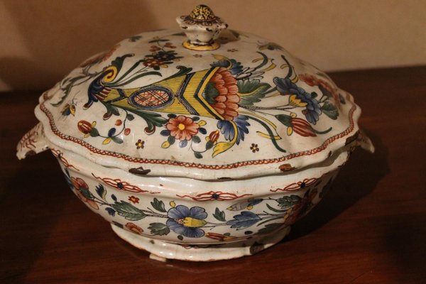 Antique French Faience Lidded Bowl Tureen Hand Painted with Flowers and Insects-AXE-1433368