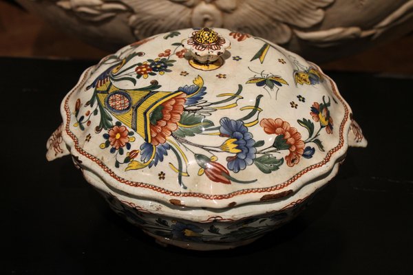 Antique French Faience Lidded Bowl Tureen Hand Painted with Flowers and Insects-AXE-1433368