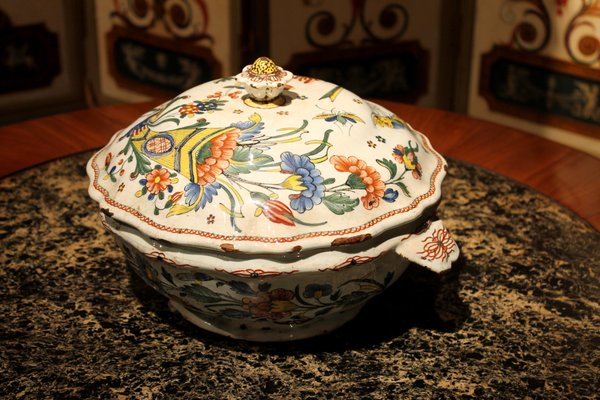 Antique French Faience Lidded Bowl Tureen Hand Painted with Flowers and Insects-AXE-1433368