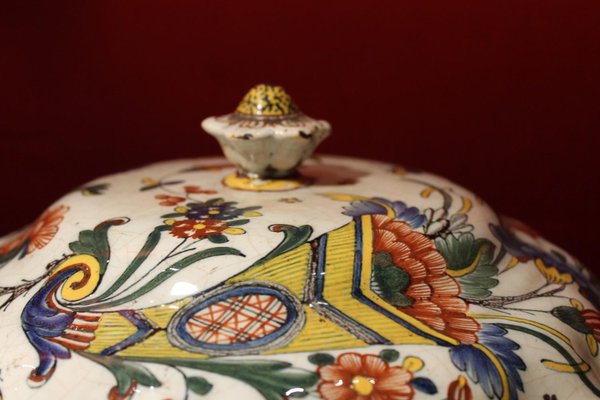 Antique French Faience Lidded Bowl Tureen Hand Painted with Flowers and Insects-AXE-1433368