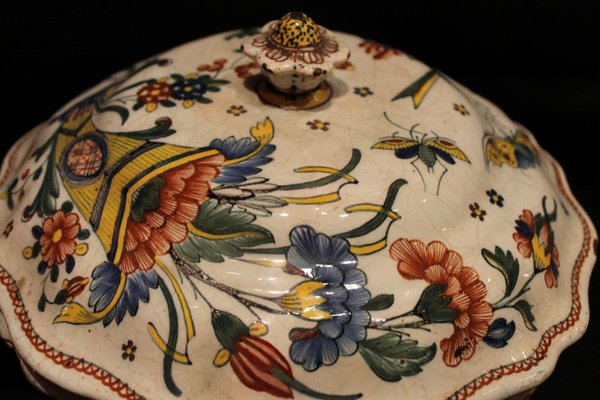 Antique French Faience Lidded Bowl Tureen Hand Painted with Flowers and Insects-AXE-1433368