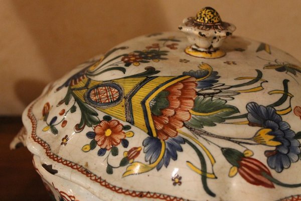 Antique French Faience Lidded Bowl Tureen Hand Painted with Flowers and Insects-AXE-1433368