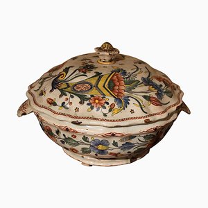 Antique French Faience Lidded Bowl Tureen Hand Painted with Flowers and Insects-AXE-1433368