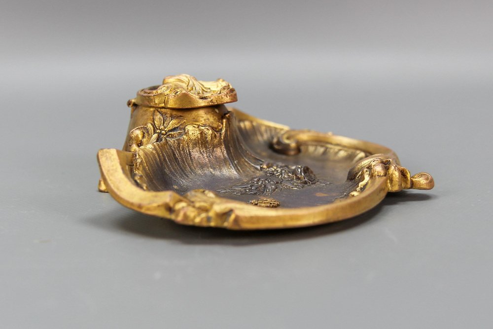 Antique French Gilt Pewter and Porcelain Inkwell by Chatelain, 1890s