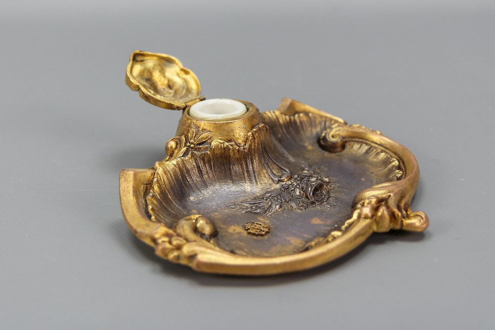 Antique French Gilt Pewter and Porcelain Inkwell by Chatelain, 1890s