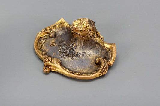 Antique French Gilt Pewter and Porcelain Inkwell by Chatelain, 1890s