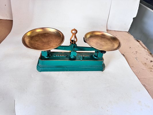 Antique French Green and Gold Wrought Iron and Brass Scale, 19th Century-UR-1806483