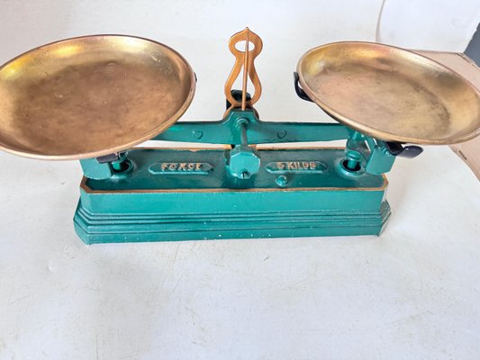 Antique French Green and Gold Wrought Iron and Brass Scale, 19th Century-UR-1806483