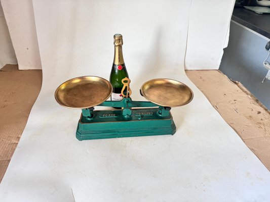 Antique French Green and Gold Wrought Iron and Brass Scale, 19th Century-UR-1806483