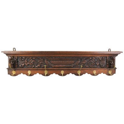 Antique French Hand-Carved Oak and Brass Wall Coat Rack with Lion Heads, 1900s-KEG-1174194