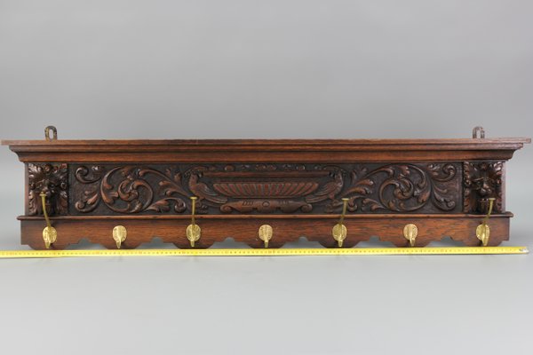 Antique French Hand-Carved Oak and Brass Wall Coat Rack with Lion Heads, 1900s-KEG-1174194