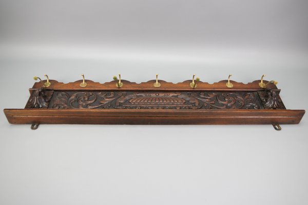 Antique French Hand-Carved Oak and Brass Wall Coat Rack with Lion Heads, 1900s-KEG-1174194