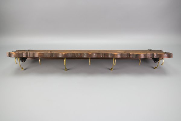 Antique French Hand-Carved Oak and Brass Wall Coat Rack with Lion Heads, 1900s-KEG-1174194