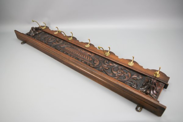 Antique French Hand-Carved Oak and Brass Wall Coat Rack with Lion Heads, 1900s-KEG-1174194