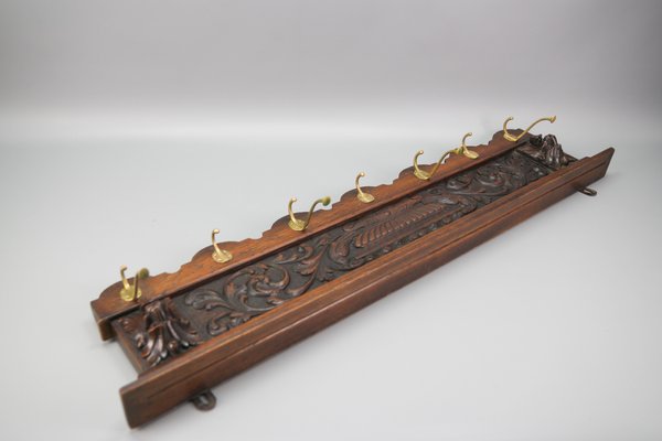 Antique French Hand-Carved Oak and Brass Wall Coat Rack with Lion Heads, 1900s-KEG-1174194