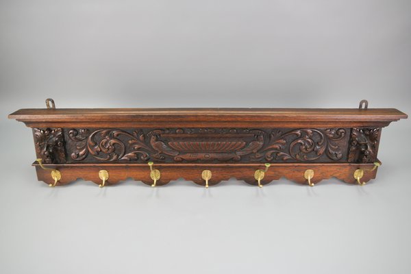 Antique French Hand-Carved Oak and Brass Wall Coat Rack with Lion Heads, 1900s-KEG-1174194