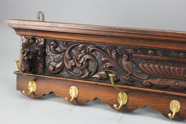 Antique French Hand-Carved Oak and Brass Wall Coat Rack with Lion Heads, 1900s-KEG-1174194