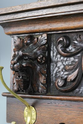 Antique French Hand-Carved Oak and Brass Wall Coat Rack with Lion Heads, 1900s-KEG-1174194