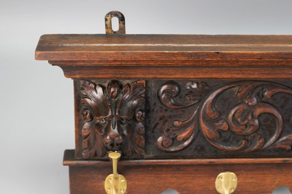 Antique French Hand-Carved Oak and Brass Wall Coat Rack with Lion Heads, 1900s-KEG-1174194