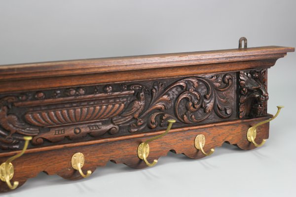 Antique French Hand-Carved Oak and Brass Wall Coat Rack with Lion Heads, 1900s-KEG-1174194