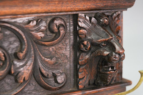 Antique French Hand-Carved Oak and Brass Wall Coat Rack with Lion Heads, 1900s-KEG-1174194