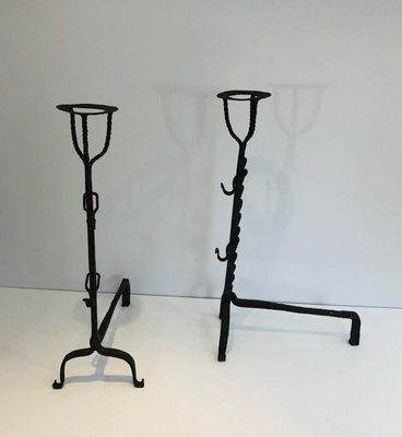 Antique French Landiers in Wrought Iron, Set of 2-BA-767513